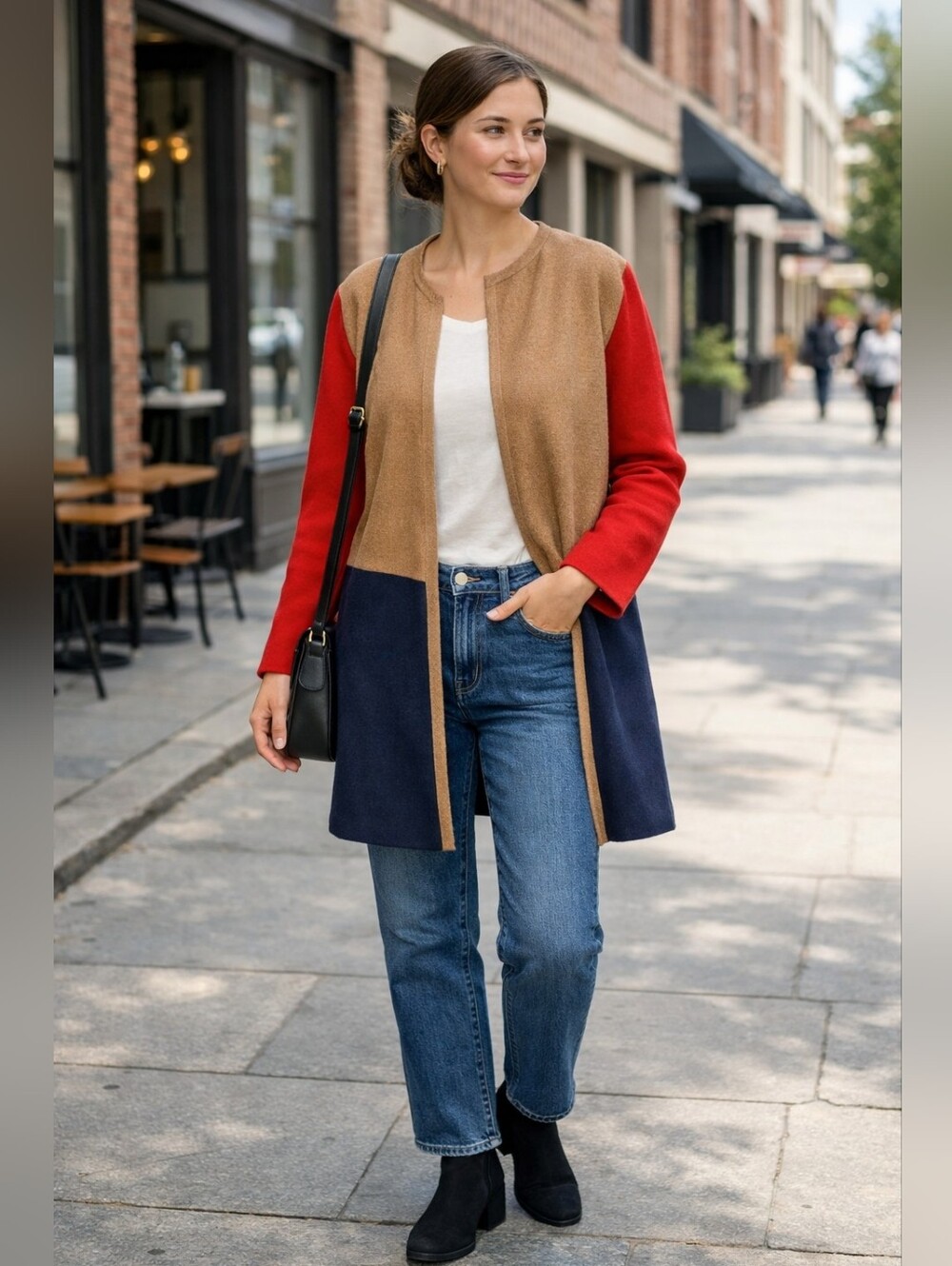 J.Crew Colorblock Tan Red Navy Cotton Knit Cardigan Sweater Size M